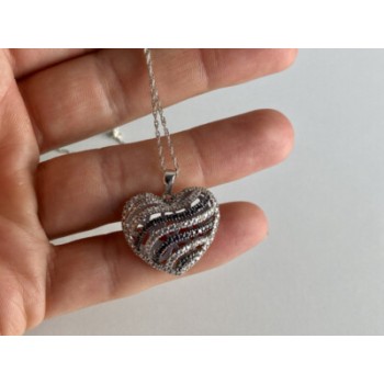 925 Sterling Silver White & Black CZ Heart Chain With Pendant