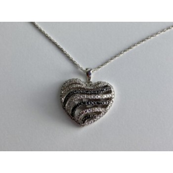 925 Sterling Silver White & Black CZ Heart Chain With Pendant