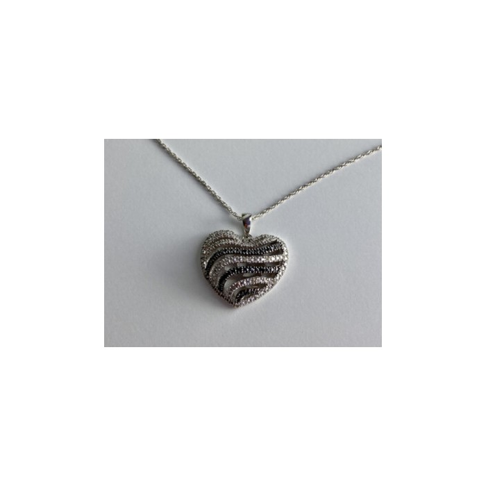 925 Sterling Silver White & Black CZ Heart Chain With Pendant