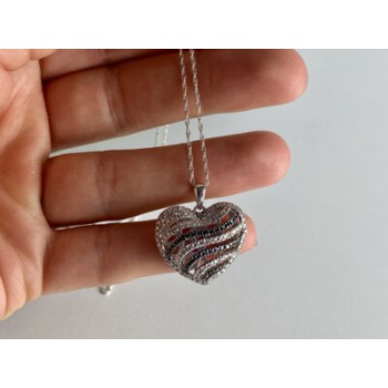 925 Sterling Silver White & Black CZ Heart Chain With Pendant