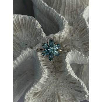 925 Sterling Silver Aquamarine Flower Ring Size 7