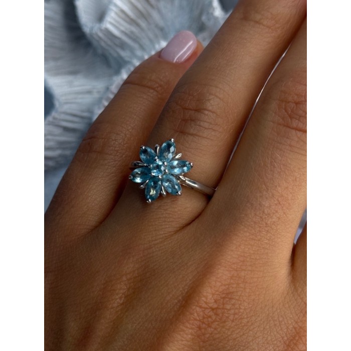925 Sterling Silver Aquamarine Flower Ring Size 7