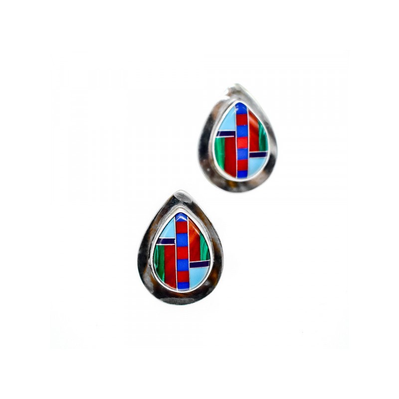Vintage 925 Sterling Silver Agate Mosaic Stud Earrings