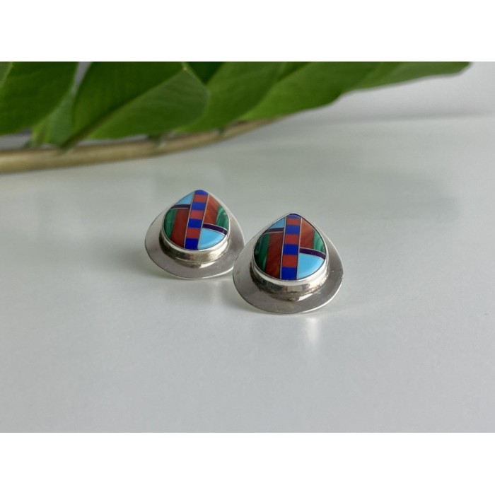 Vintage 925 Sterling Silver Agate Mosaic Stud Earrings