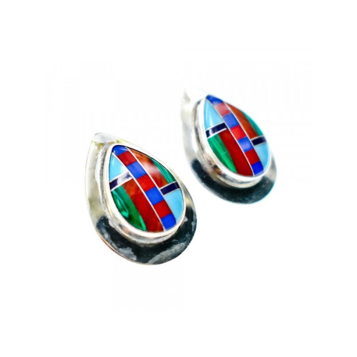Vintage 925 Sterling Silver Agate Mosaic Stud Earrings