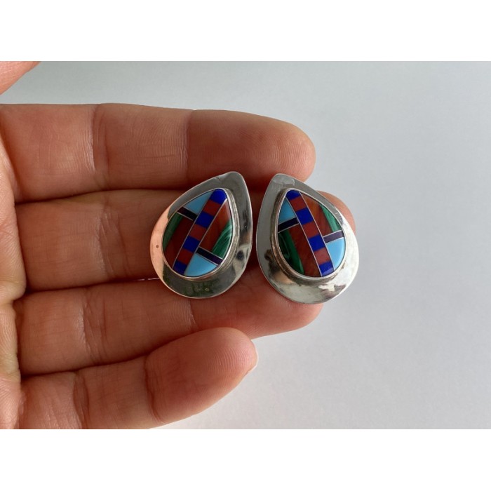 Vintage 925 Sterling Silver Agate Mosaic Stud Earrings