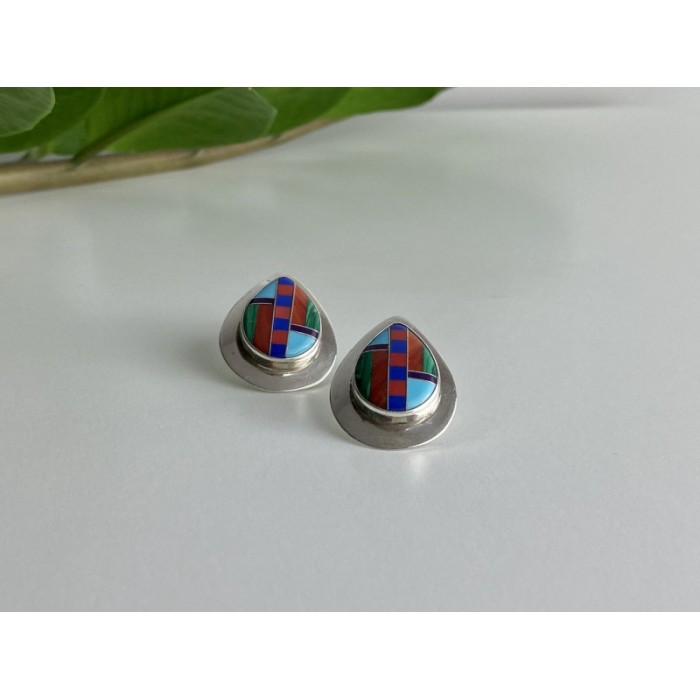 Vintage 925 Sterling Silver Agate Mosaic Stud Earrings