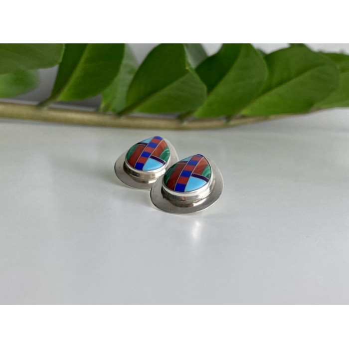 Vintage 925 Sterling Silver Agate Mosaic Stud Earrings