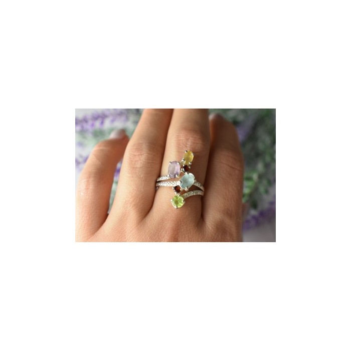 925 Sterling Silver Multi Gemstones Ring Size 8
