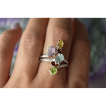 925 Sterling Silver Multi Gemstones Ring Size 8