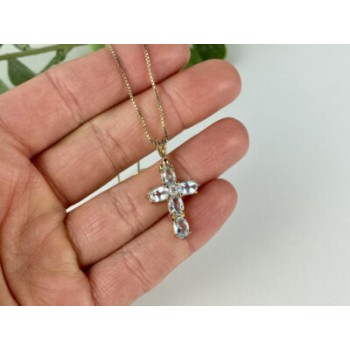 925 Sterling Silver Gold Plated Blue Spinel Chain With Cross
