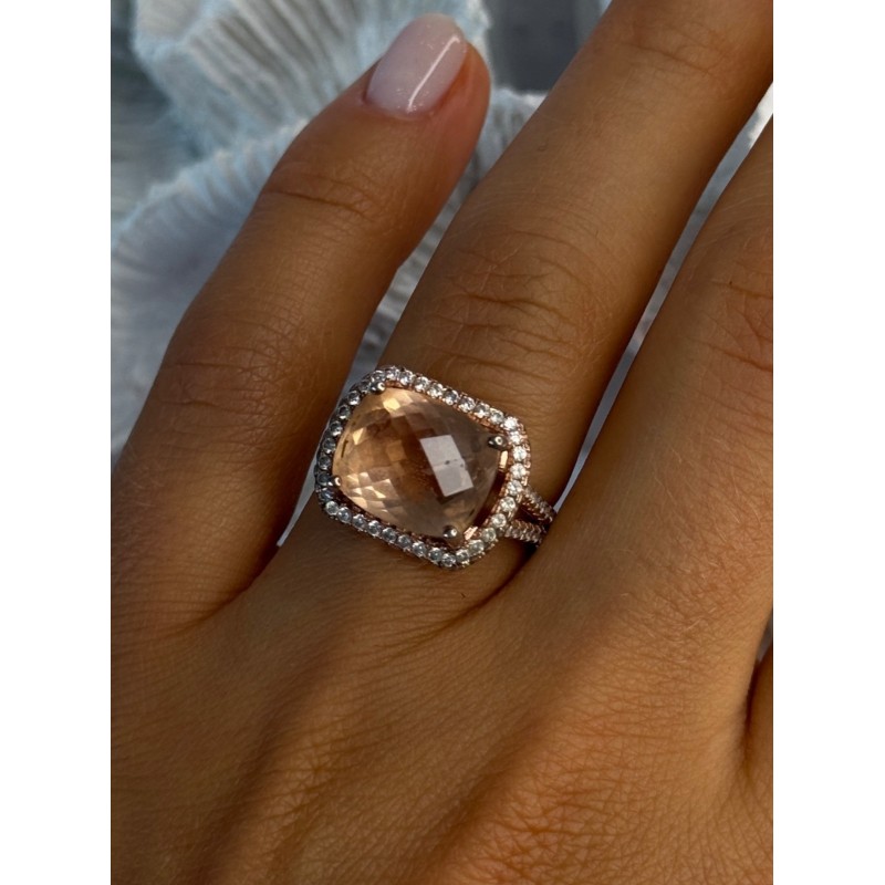 925 Sterling Silver Peach Tourmaline & CZ Ring Size 7