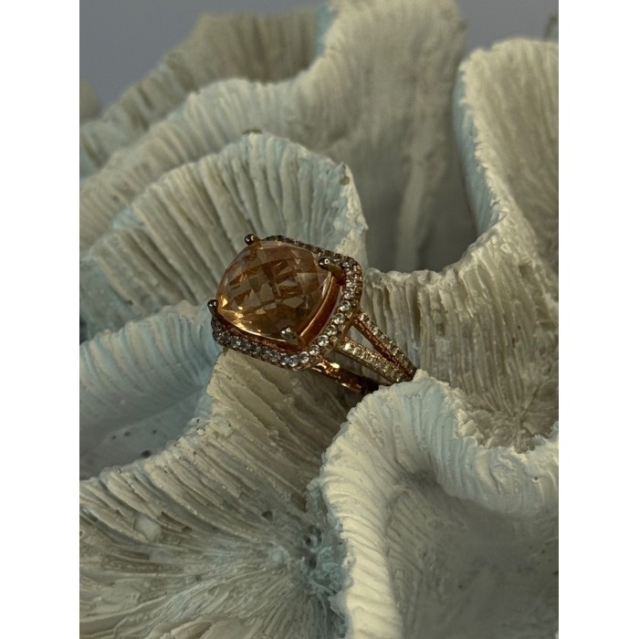 925 Sterling Silver Peach Tourmaline & CZ Ring Size 7