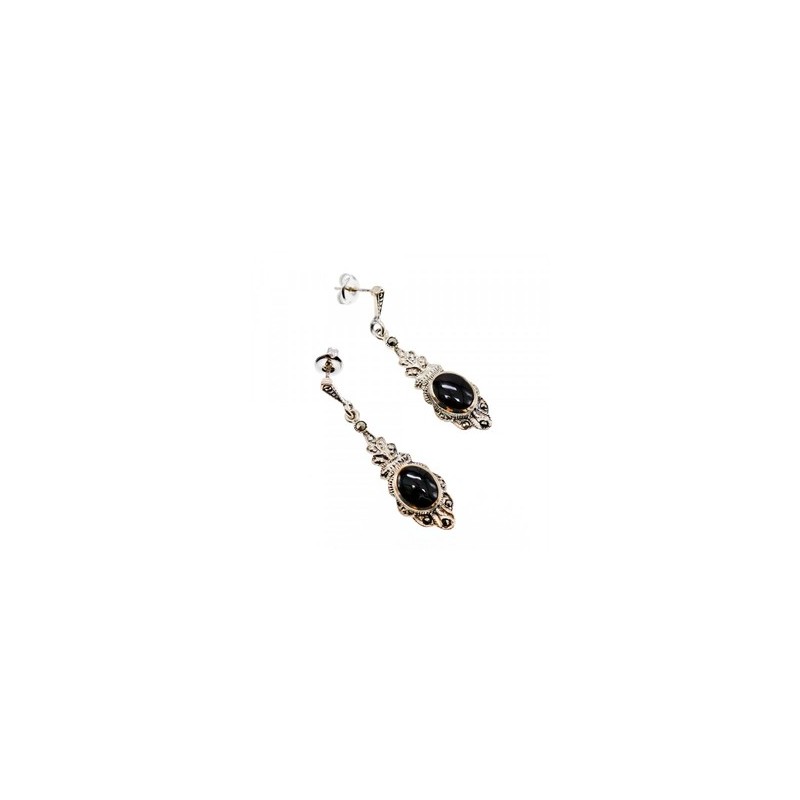 Vintage 925 Sterling Silver Onyx & Marcasites Earrings