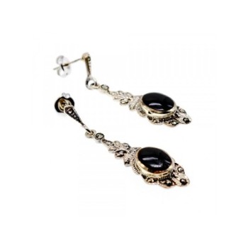 Vintage 925 Sterling Silver Onyx & Marcasites Earrings