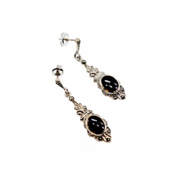Vintage 925 Sterling Silver Onyx & Marcasites Earrings