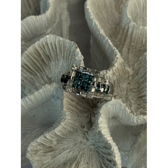 10K White Gold Aquamarine & White Topaz Ring Size 8