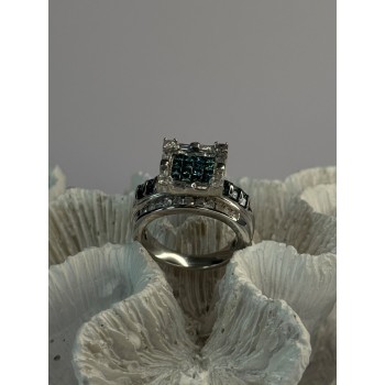 10K White Gold Aquamarine & White Topaz Ring Size 8