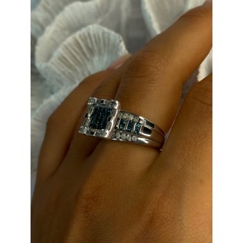10K White Gold Aquamarine & White Topaz Ring Size 8