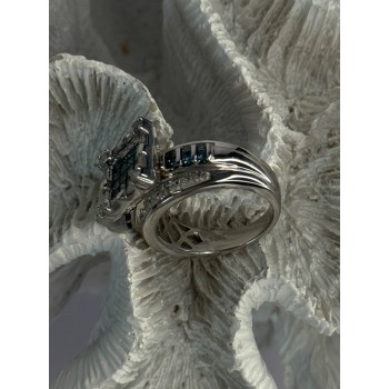 10K White Gold Aquamarine & White Topaz Ring Size 8