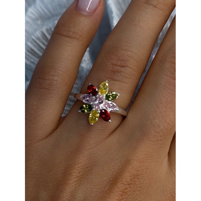 925 Sterling Silver Multi Color Spinel Flower Ring Size 7