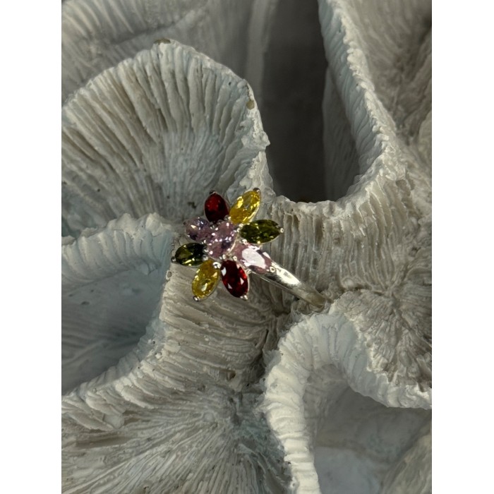 925 Sterling Silver Multi Color Spinel Flower Ring Size 7