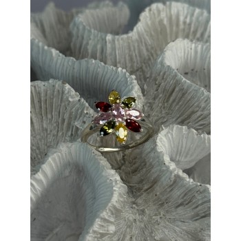 925 Sterling Silver Multi Color Spinel Flower Ring Size 7