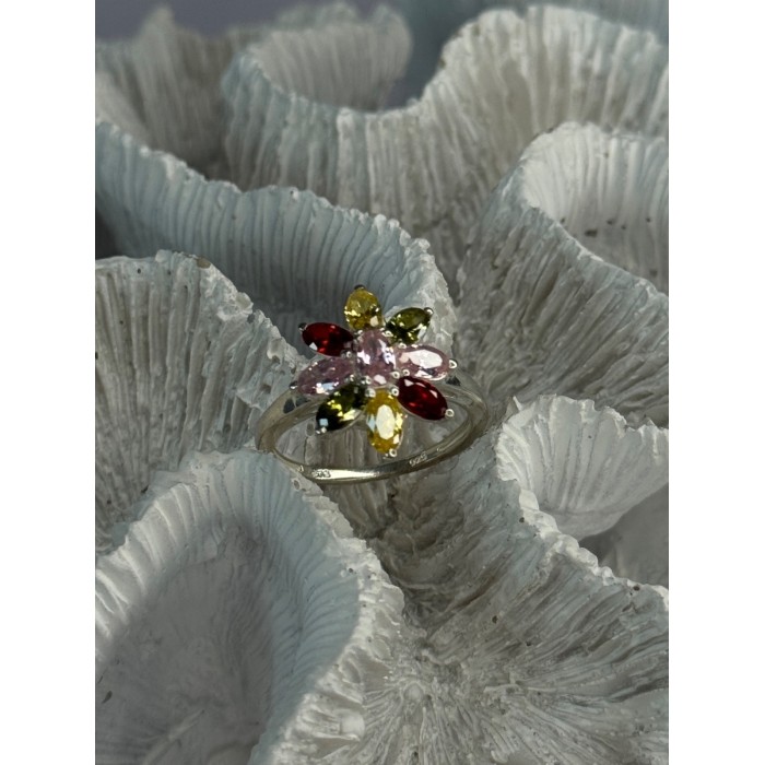 925 Sterling Silver Multi Color Spinel Flower Ring Size 7