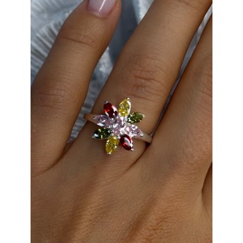 925 Sterling Silver Multi Color Spinel Flower Ring Size 7