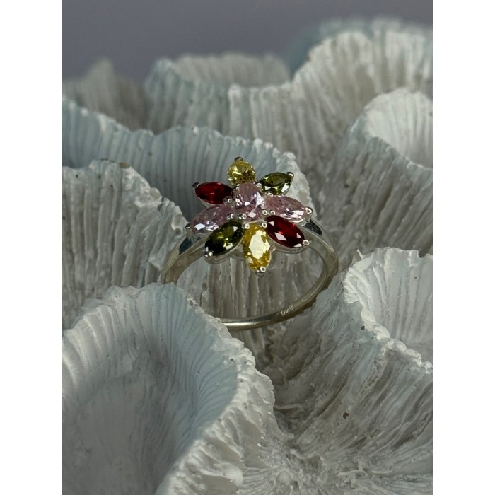 925 Sterling Silver Multi Color Spinel Flower Ring Size 7