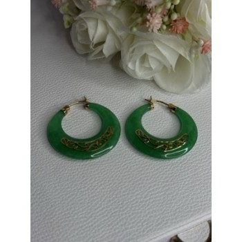 925 Sterling Silver Gold Plated Green Nephrite Jade Earrings Length 1.40 Iinch
