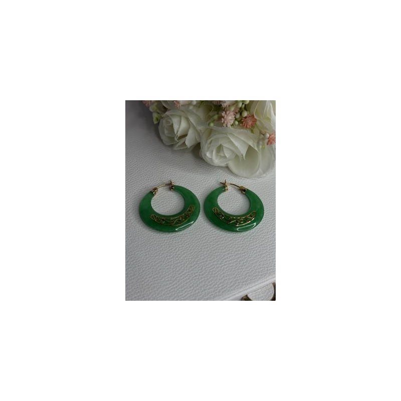 925 Sterling Silver Gold Plated Green Nephrite Jade Earrings Length 1.40 Iinch