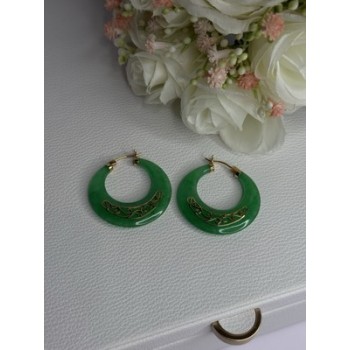 925 Sterling Silver Gold Plated Green Nephrite Jade Earrings Length 1.40 Iinch