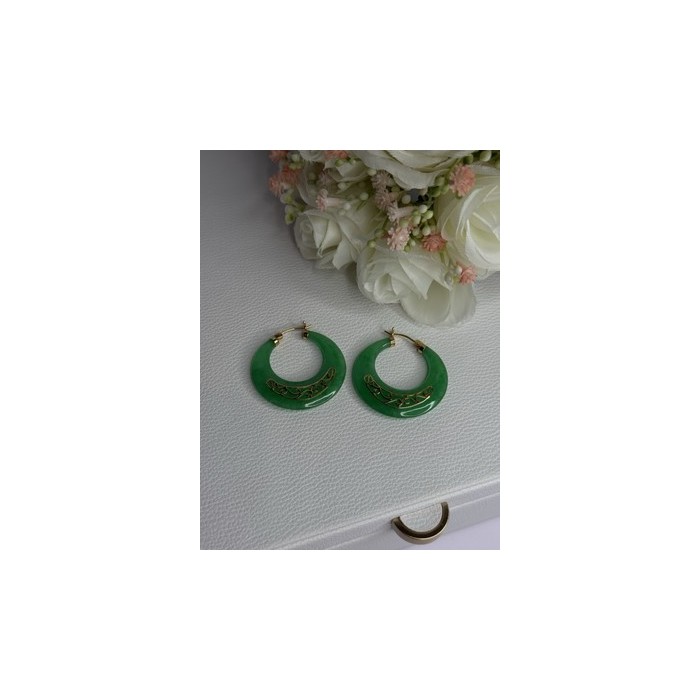 925 Sterling Silver Gold Plated Green Nephrite Jade Earrings Length 1.40 Iinch