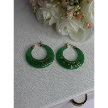 925 Sterling Silver Gold Plated Green Nephrite Jade Earrings Length 1.40 Iinch