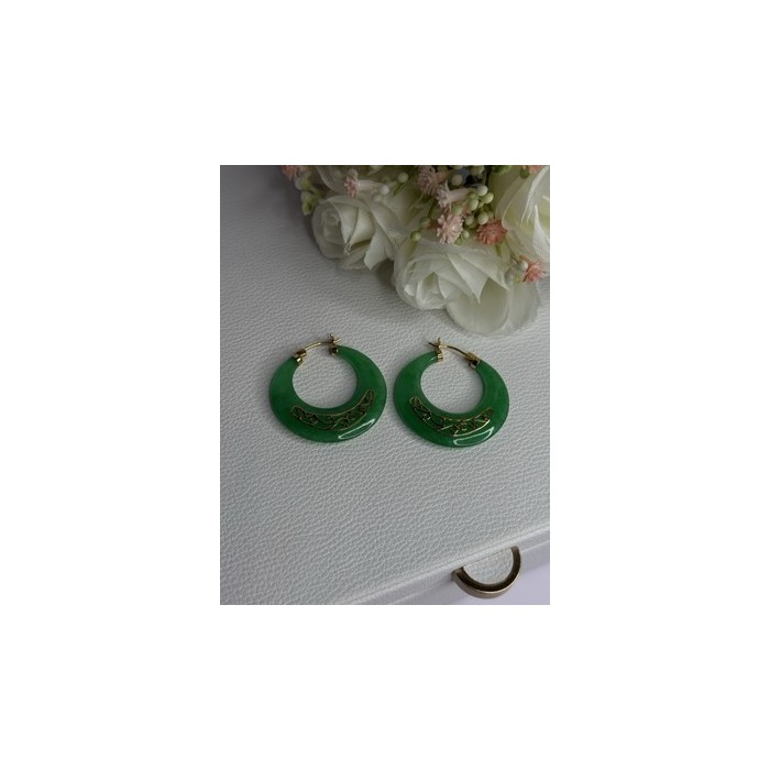 925 Sterling Silver Gold Plated Green Nephrite Jade Earrings Length 1.40 Iinch