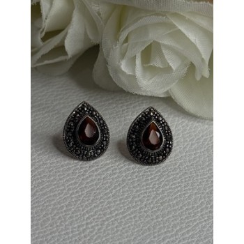 925 Sterling Silver Garnet & Marcasite Earrings Length 0.60 Inch