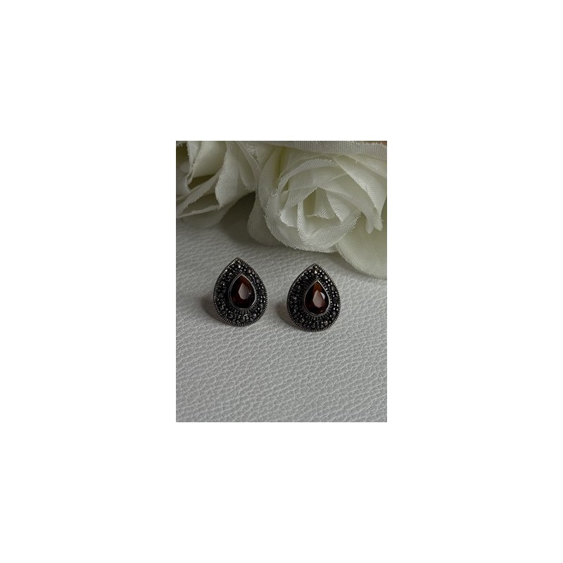 925 Sterling Silver Garnet & Marcasite Earrings Length 0.60 Inch