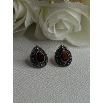 925 Sterling Silver Garnet & Marcasite Earrings Length 0.60 Inch