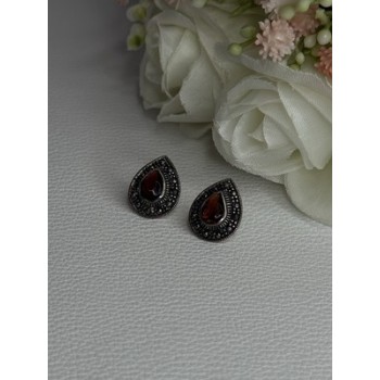 925 Sterling Silver Garnet & Marcasite Earrings Length 0.60 Inch