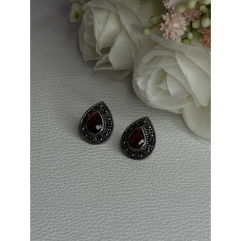 925 Sterling Silver Garnet & Marcasite Earrings Length 0.60 Inch