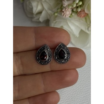 925 Sterling Silver Garnet & Marcasite Earrings Length 0.60 Inch
