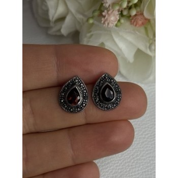 925 Sterling Silver Garnet & Marcasite Earrings Length 0.60 Inch