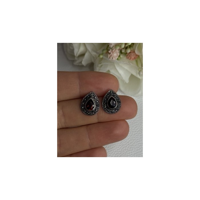 925 Sterling Silver Garnet & Marcasite Earrings Length 0.60 Inch