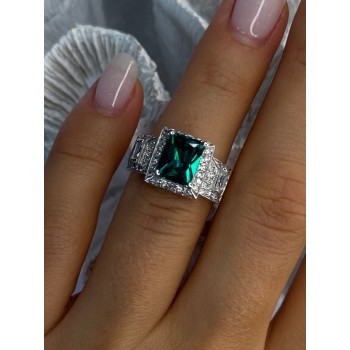 925 Sterling Silver Emerald & Cz Ring Size 6
