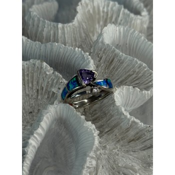 925 Sterling Silver Amethyst & Beryl & Opal Ring Size 7
