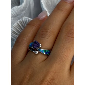 925 Sterling Silver Amethyst & Beryl & Opal Ring Size 7