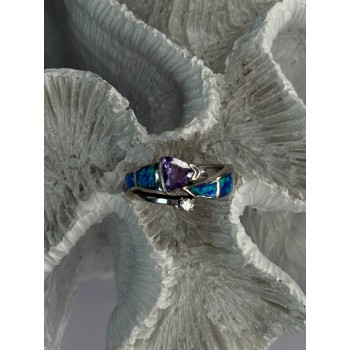 925 Sterling Silver Amethyst & Beryl & Opal Ring Size 7