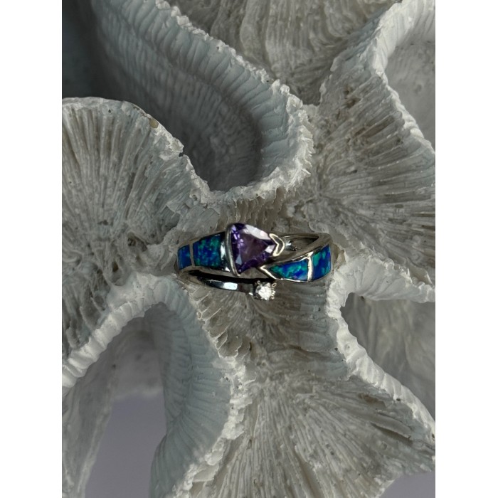 925 Sterling Silver Amethyst & Beryl & Opal Ring Size 7