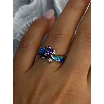 925 Sterling Silver Amethyst & Beryl & Opal Ring Size 7